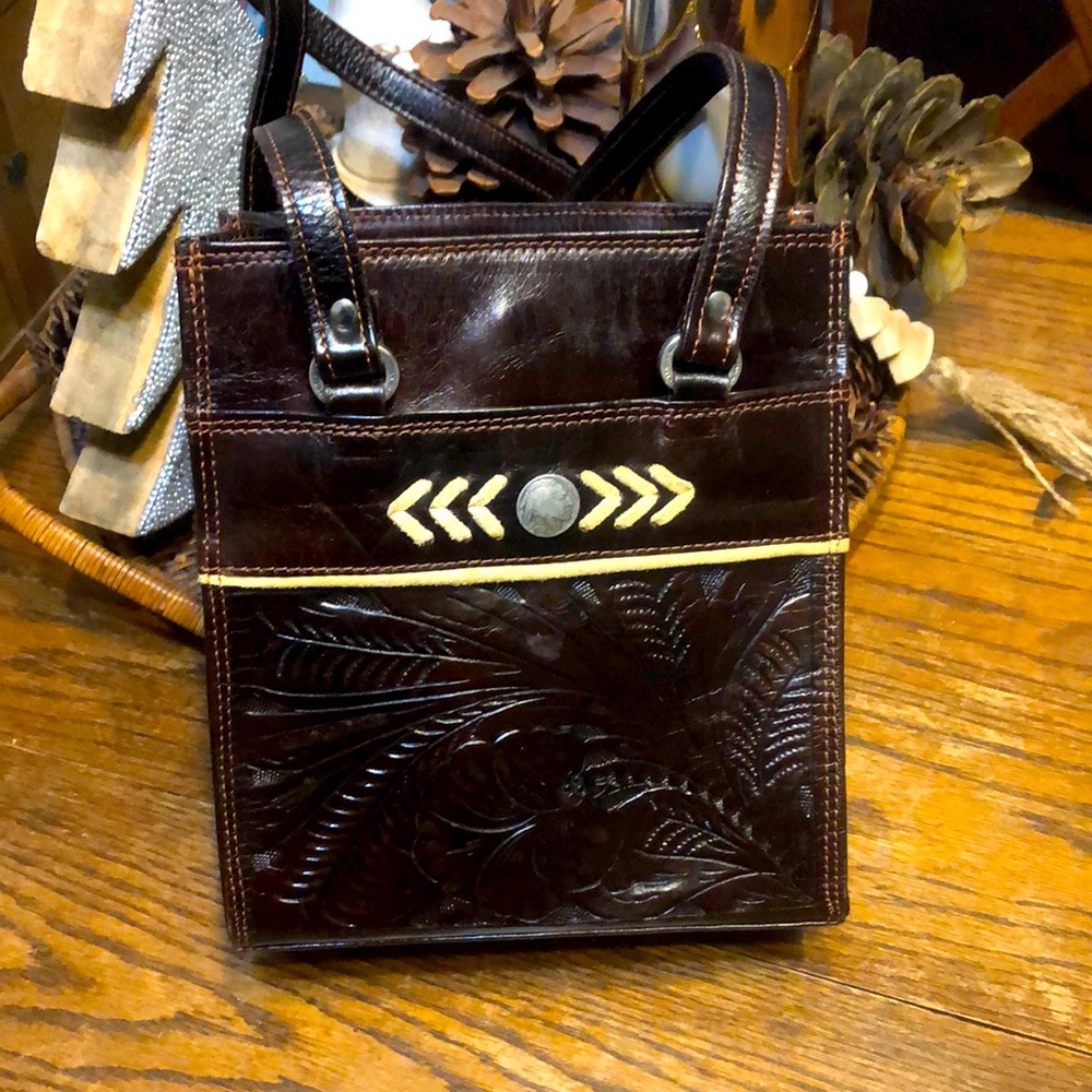American West leather tooled shoulder bag